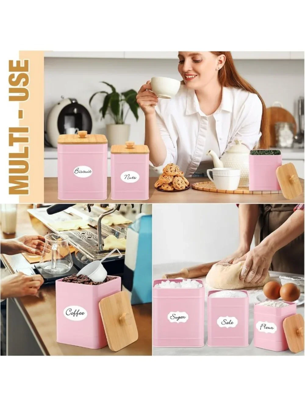 Stylish Pink Kitchen Canisters Set of 3 - Metal Storage Containers with DIY